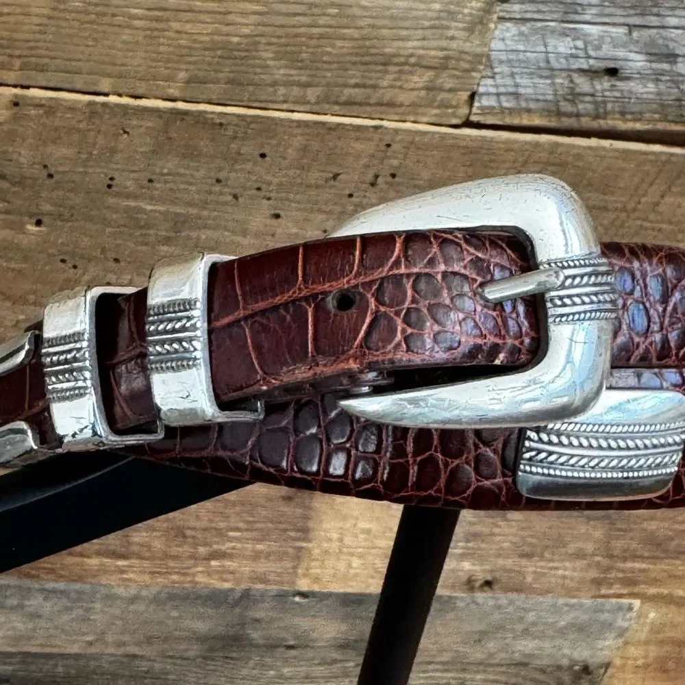 Brown Crocodile Embossed Belt with Silver Buckle